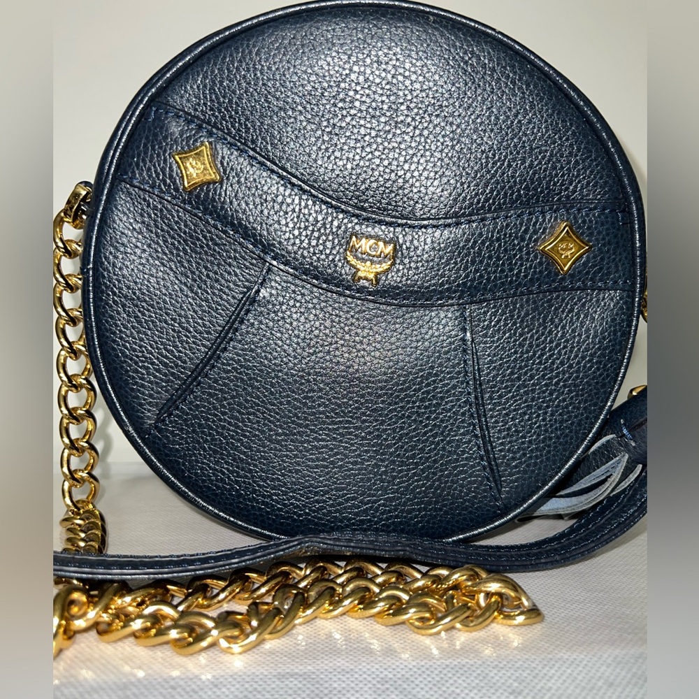MCM Navy Leather Crossbody Bag with Gold Chain